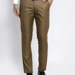 Jainish Brown Cotton Tapered Fit Flat Front Trousers-image-11