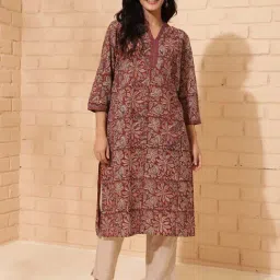 Fabindia Red Cotton Printed Straight Kurta-image-34