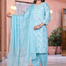 Juniper Floral Printed Notch Neck Pure Cotton Straight Kurta With Trousers & Dupatta-picture-19