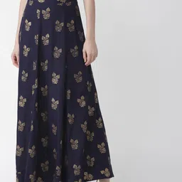 Woowzerz Women Navy Blue & Golden Foil Print Maxi Flared Skirt-picture-17