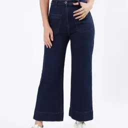 Iconic Blue Cotton Mid Rise Flared Jeans-picture-37