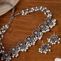 TEEJH Oxidised Silver-Plated & White Pearls-Studded Anjali Floral Jewellery Set-picture-31