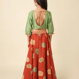 Fabindia Kids Green & Maroon Floral Print Lehenga, Choli with Dupatta image 2