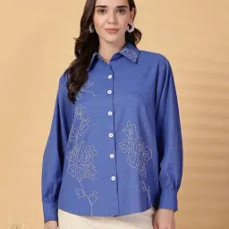 Gipsy Cobalt Blue Linen Regular Fit Embroidered Shirt-image-0