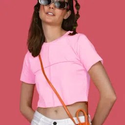 Zink London Pink Cotton Regular Fit Crop Top-image-39
