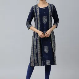 W Navy Printed Straight Kurta image 1