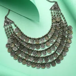 Moedbuille Handcrafted Antique Tribal Design Oxidised Silver Plated Layered Afghan Necklace-image-96