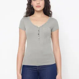 Guess Olympia Mid Organic Glam Mossy Green Solid Henley Neck Regular Fit T-Shirt-picture-39