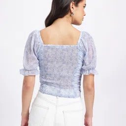 glitchez Floral Print Puff Sleeve Smocked Crop Top With Ruched Details image 2