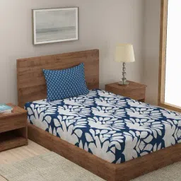 Dreamscape Floral Blue 140 TC Cotton Single Bedsheet with Pillow Cover-image-27