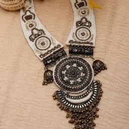Moedbuille Crystals & Beads Antique Design Oxidised Gold Plated Handcrafted Tasselled Necklace-image-27