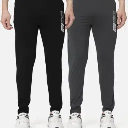 Bullmer Black & Dark Grey Cotton Slim Fit Printed Sports Trackpants- Pack Of 2-image-36