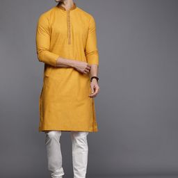 Manyavar Men Mustard Yellow Thread Work Kurta with Churidar-picture-16