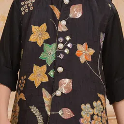 Ministitch Boys Floral Embroidered Regular Mirror Work Kurta with Pyjamas image 3