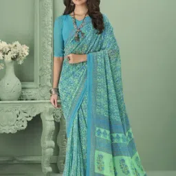 Satrani Turquoise Blue Printed Saree With Unstitched Blouse-picture-38