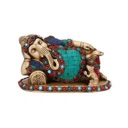 CraftVatika Gold-Toned & Turquoise Blue Handcrafted Resting Ganesha Brass Idol-picture-27