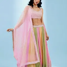 Omkar Tex's Multy Color Crush Georgette Readymade Lehenga Choli with Dupatta Set for Women,, Pista image 2