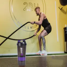 TRUE INDIAN Sports Combo of Protein Shaker Bottle 3 Storage Compartment Leak Proof with 1 Pair of Wrist Supported Band Gym & Fitness Kit 500ml (Purple) image 2