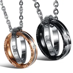 peora His Her Titanium Steel Love Engraved Rings Couple Pendant Necklace Matching Set for Unisex Adult image 1