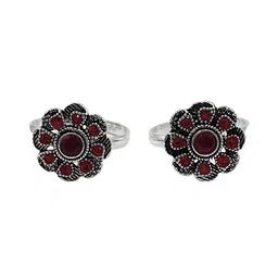 sahiba gems Pure Silver (Chandi) Antique Red Ruby Cz Design Toe Rings/Bichiya For Women ~ Pack in 2 Pieces Set image 2