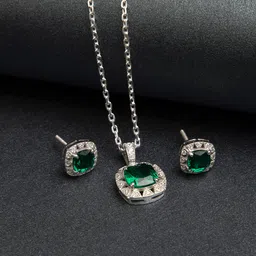 clara 925 Sterling Silver Dark Green Cushion Pendant Earring Chain Jewellery Set | Rhodium Plated, Swiss Zirconia | Gift for Women & Girls image 2
