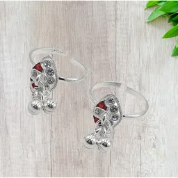 sahiba gems Pure Silver (Chandi) Designer Red Cz Ghungroo Toe Rings/Bichiya For Women image 5