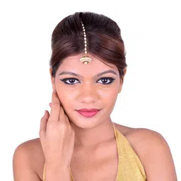 shecario Gold Plated BOR Maang Tikka | Kundan & Pearl Bor Tika With White Kundan | Matha Patti | Borla | Studded Head Chain for Women & Girls - Set of 6 image 2