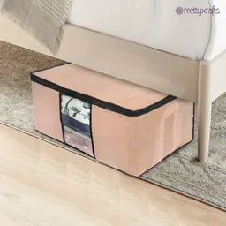 Pretty Krafts Pack of 2 Non Woven Moisture Proof Underbed Cloth Storage Organizer with Zipper Lock & Handles | Wardrobe Organizer for Cloth Saree Quilt Blanket Toy Storage Bag (62x45x30cm, Beige) image 5