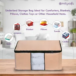 Pretty Krafts Pack of 2 Non Woven Moisture Proof Underbed Cloth Storage Organizer with Zipper Lock & Handles | Wardrobe Organizer for Cloth Saree Quilt Blanket Toy Storage Bag (62x45x30cm, Beige) image 2