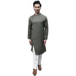 even Men's Collection Ethnic Wear Pure Cotton Solid Regular Sherwani Kurta with Asymetrical CutSWC-SLD1230-GR2C-P image 1