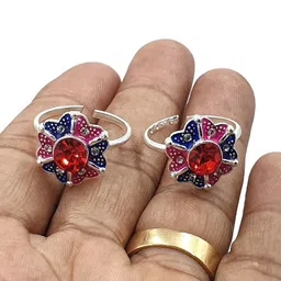 sahiba gems Pure Silver/Chandi Rich Look Antique Multi-Color Toe Rings/Chutki with Red Stone Cz For Women ~ Pack in 2 Pieces image 3