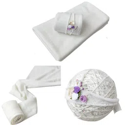BabyMoon Rayon Newborn Baby Wraps with Hairband Photography Photoshoot Props Costume Swaddle (190x60cm, White) image 1