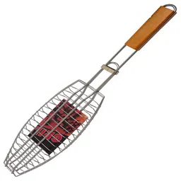 lomesh Stainless Steel Portable Barbecue Fish BBQ Grill Net Basket Roast Plated Grilling Tray with Wooden Handle and Clip; Suitable for Grilling Fish, Meat or Veggies image 1
