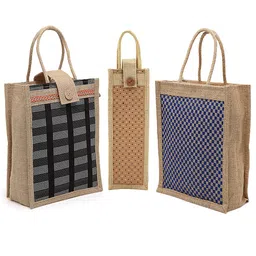 asian Eco-Friendly Jute Bag-Reusable Tiffin/Shopping/Grocery Multipurpose Hand Bag with Zip & Handle for Men and Women (Pack of 3) Beige image 1