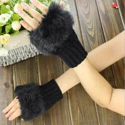 bold n elegant Black Faux Rabbit Hair Fur and Wool Knitted Winter Thermal Warm and Comfortable Fingerless Gloves Mittens Winter Accessories Hand Warmer Gloves for Women and Girls image 4