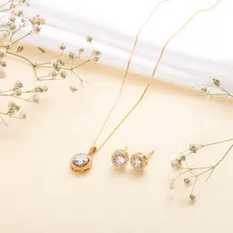 zavya 925 Sterling Silver Jewelry Set Circular Cubic Zircon Solitaire Gold Plated Pendant Chain with Stud Earrings|Gift for Women &Girls|With Authenticity Certificate & 925 Stamp |Women's Day image 2