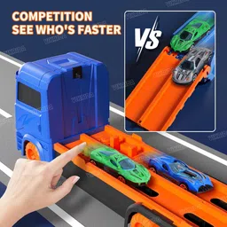 Vikrida Big Hauler Storage & Deform Transport Truck Toy with 2 Foldable Ejection Race Track & 2 Pcs Die cast Cars for Kids - Blue Color image 5