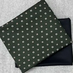 Bottle Green Digital Printed 100% Pure Cotton Shirt Fabric With Black Slightly Stretchable Pant Fabric Combo - Unstitched image 2