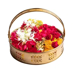 minal Brass Flower Basket with Handle | Dolchi Basket for Puja Brass Traditional Round Shape Pooja Basket/Pooja Dalia (8 Inch) image 2