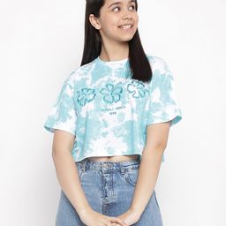 Lil Tomatoes Lil Tomatoes Half Sleeves Crumple Tie & Dye Hawaii Vibes Flower Printed Top - Blue-picture-12