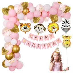 Bubble Trouble Jungle Animal Head Theme Foil Balloons Combo For Birthday Theme Party Celebration Decoration Happy Birthday Banner Pack of 56- Pink-picture-31