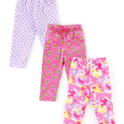 Babyhug Cotton Lycra Knit Full Length Stretchable Leggings Checks & Floral Print Pack of 3 - Pink & Purple image 1