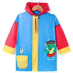 Babyhug Full Sleeves Below Knee Length Hooded Raincoat with Dino Print - Blue-picture-23