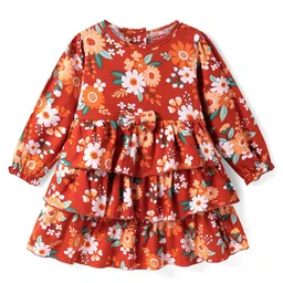 Babyhug Cotton Knit Full Peasant Sleeves Floral Printed Layered Frock with Bow Applique - Red-picture-18
