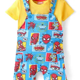 Babyhug Marvel Single Jersey Knit Half Sleeves Spider Man Printed Dungaree & T-Shirt - Yellow & Blue-picture-29