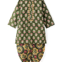 Babyhug Cotton Woven Full Sleeves Floral Printed Kurta & Dhoti Set - Olive Green-picture-25