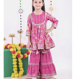 AATYA KIIDS Cotton Three Fourth Sleeves Floral Printed Sharara Set - Hot Pink-picture-24