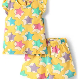 Babyhug Cotton Knit Frill Sleeves Co-ords Shorts Night Wear With Star Print - Yellow-picture-36