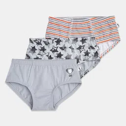 Plan B Cotton Elastane Pack Of 3 Striped & Stars Printed Briefs - Grey & Orange-picture-19