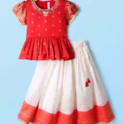 Babyhug Woven Half Puffed Sleeves Pattu Pavada Lehenga Choli Set with Neck Embroidery - Red & Beige-picture-32